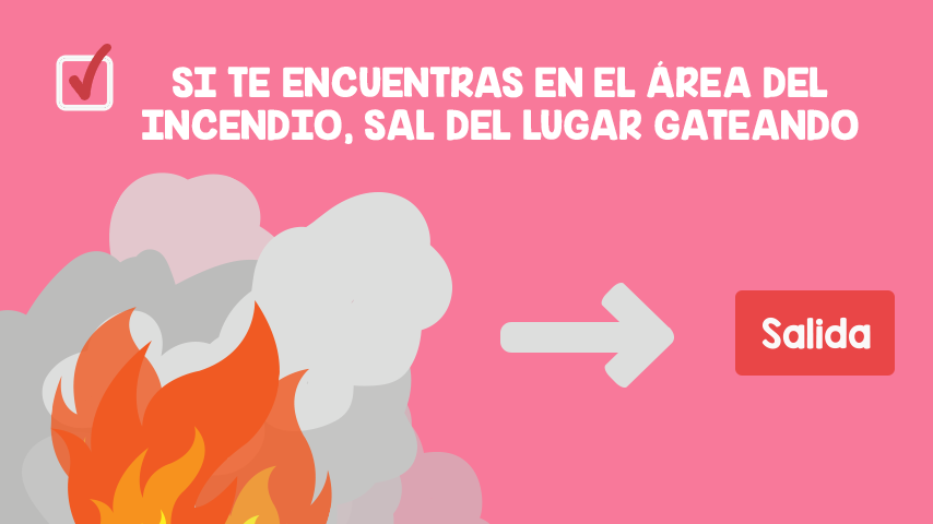 Cuando el incendio ya se ha iniciado, nos toca agacharnos y salir inmediatamente del lugar. Nunca permanezcamos de pie, ya que nos arriesgamos a inhalar más humo tóxico.